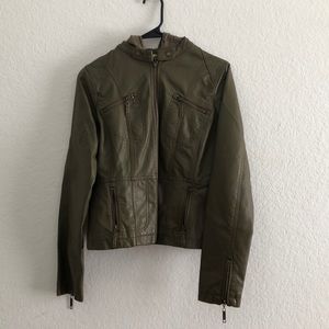Army green faux leather hooded jacket